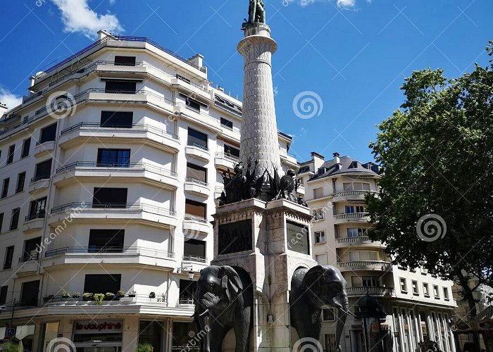 La Fontaine des Elephants Fountain of Elephants Elephant Square in Chambery with Central Fountain and Column ... photo